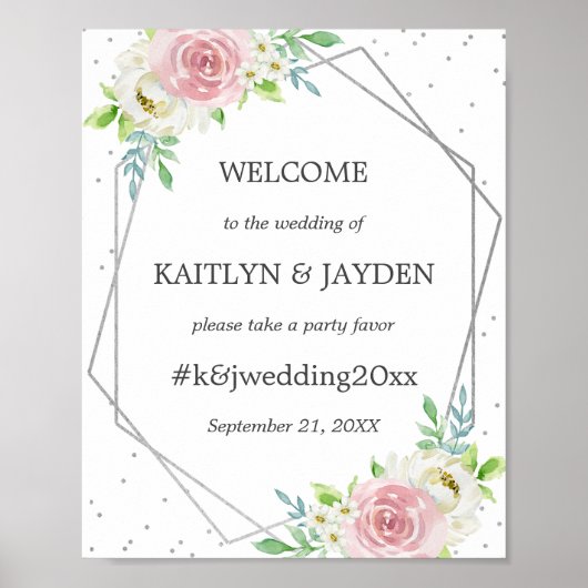 Chic Geometric Silver Foil Floral Wedding Poster (Vorne)