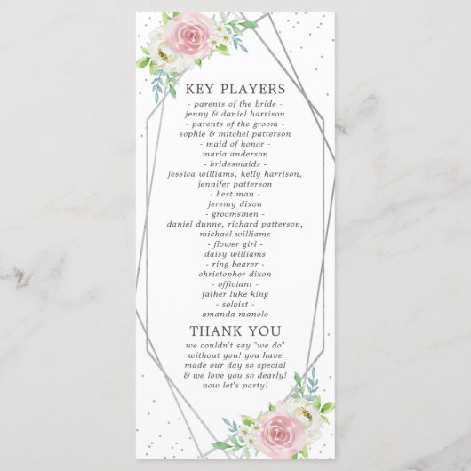 Chic Geometric Silver Foil Floral Wedding Programm (Rückseite)