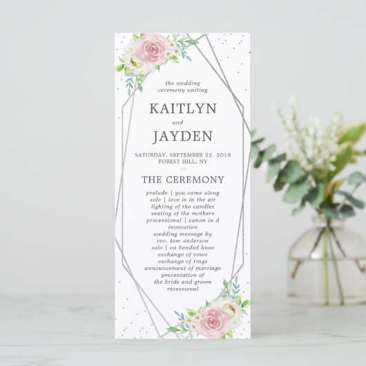 Chic Geometric Silver Foil Floral Wedding Programm (Stehend Vorderseite)