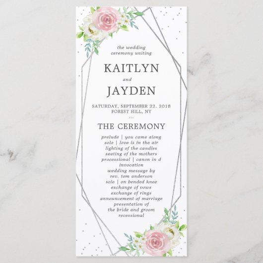 Chic Geometric Silver Foil Floral Wedding Programm (Vorderseite)