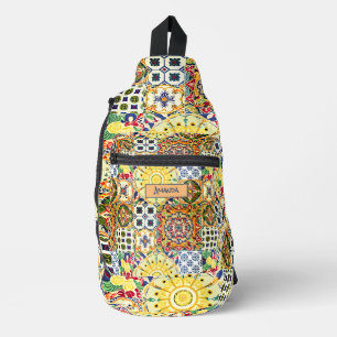 Chic geometrisch mediterrane orangefarbene Fliesen Crossbody Bag