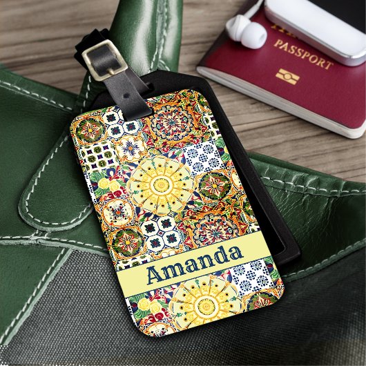 Chic geometrisch mediterrane orangefarbene Fliesen Gepäckanhänger