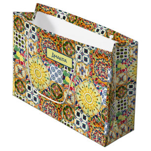 Chic geometrisch mediterrane orangefarbene Fliesen Große Geschenktüte