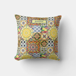 Chic geometrisch mediterrane orangefarbene Fliesen Kissen