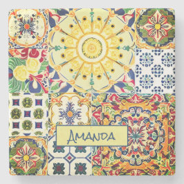 Chic geometrisch mediterrane orangefarbene Fliesen Steinuntersetzer