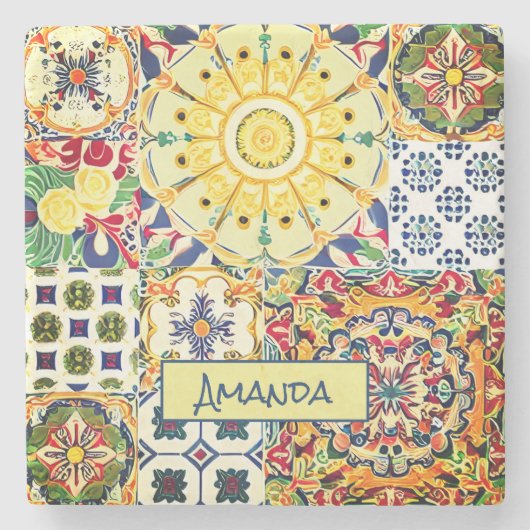 Chic geometrisch mediterrane orangefarbene Fliesen Steinuntersetzer (Vorderseite)