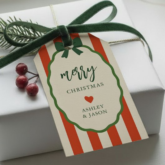 Chic gestreifte rot-grüne Retro-frohe Weihnachten Geschenkanhänger