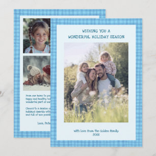 Chic Gingham Christmas Blue Custom 5 Foto Feiertagskarte