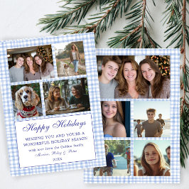 Chic Gingham Christmas Custom 9 Foto Collage Blue Feiertagskarte
