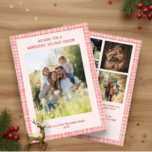 Chic Gingham Christmas Pink Red Custom 5 Foto Feiertagskarte