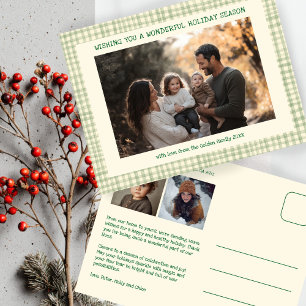 Chic Gingham Green Christmas Custom 3 Foto Feiertagspostkarte