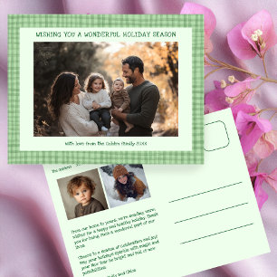 Chic Gingham Green Christmas Custom 3 Foto Feiertagspostkarte