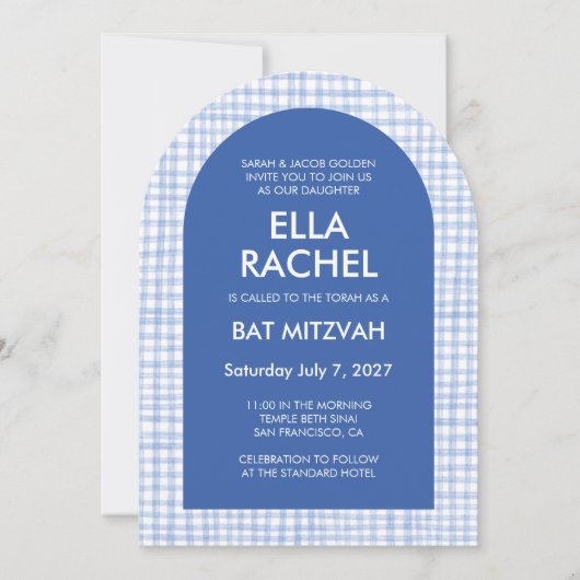 Chic Gingham Modern Custom QR Bat Bar Mitzvah Arch Einladung (Vorderseite)