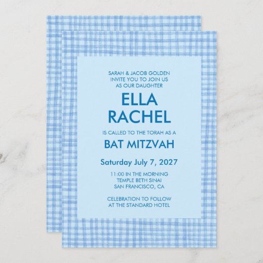 Chic Gingham Modern Custom QR CODE Bat Bar Mitzvah Einladung (Vorne/Hinten)