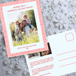 Chic Gingham Pink Blue Christmas Custom 3 Foto Feiertagspostkarte