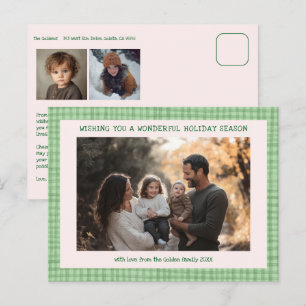 Chic Gingham Pink Green Christmas Custom 3 Foto Feiertagspostkarte