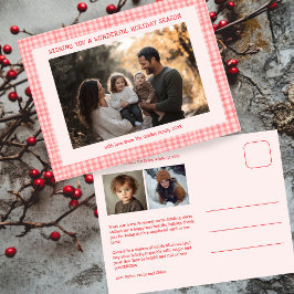 Chic Gingham Pink Red Christmas Custom 3 Foto Feiertagspostkarte