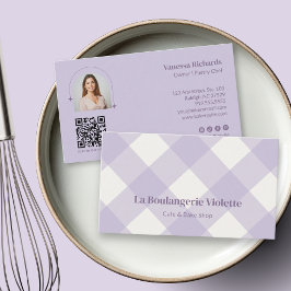Chic Gingham Purple Bakery QR Photo  Visitenkarte
