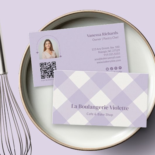 Chic Gingham Purple Bakery QR Photo  Visitenkarte