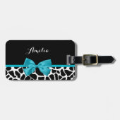 Chic Giraffe Print Aqua Blue Ribbon Bogen mit Name Gepäckanhänger (Vorderseite horizontal)