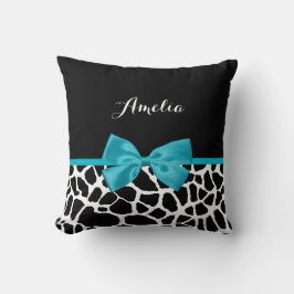 Chic Giraffe Print Aqua Blue Ribbon Bogen mit Name Kissen