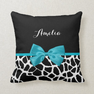Chic Giraffe Print Aqua Blue Ribbon Bogen mit Name Kissen