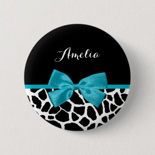Chic Giraffe Print Aqua Blue Ribbon Bow mit Namen Button