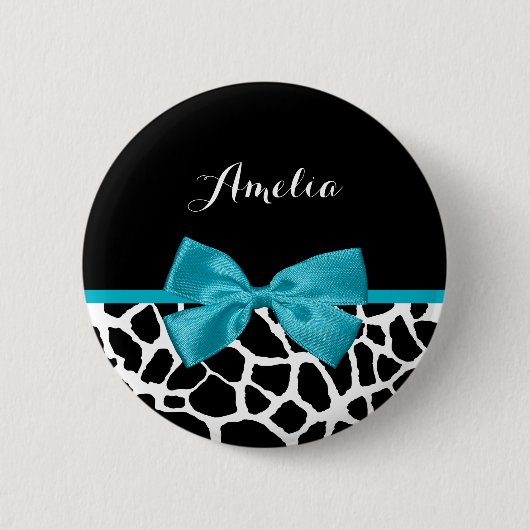Chic Giraffe Print Aqua Blue Ribbon Bow mit Namen Button (Vorderseite)