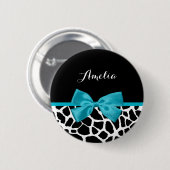 Chic Giraffe Print Aqua Blue Ribbon Bow mit Namen Button (Vorne & Hinten)