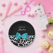 Chic Giraffe Print Aqua Blue Ribbon Bow mit Namen Pappteller (Party)