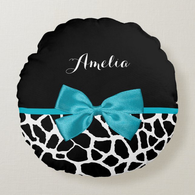 Chic Giraffe Print Aqua Blue Ribbon Bow mit Namen Rundes Kissen (Vorderseite)