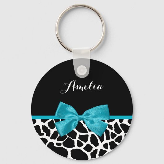Chic Giraffe Print Aqua Blue Ribbon Bow mit Namen Schlüsselanhänger (Vorderseite)