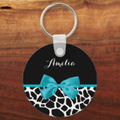 Chic Giraffe Print Aqua Blue Ribbon Bow mit Namen Schlüsselanhänger (Vorderseite)