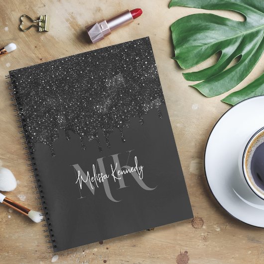 Chic Girl Black Glitzer Tropfen Monogram mit Name Notizblock