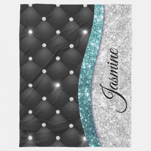 Chic Girl Imitate Silver Glitzer Schwarz aquamarin Fleecedecke (Vorderseite)