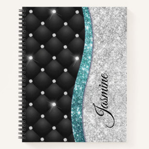 Chic Girl Imitate Silver Glitzer Schwarz aquamarin Notizblock
