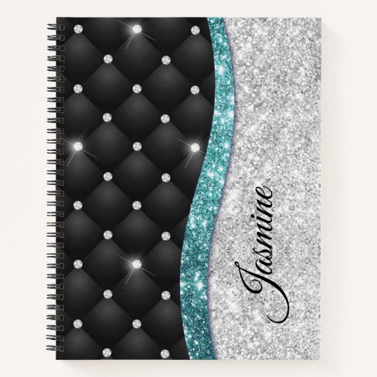 Chic Girl Imitate Silver Glitzer Schwarz aquamarin Notizblock (Vorderseite)