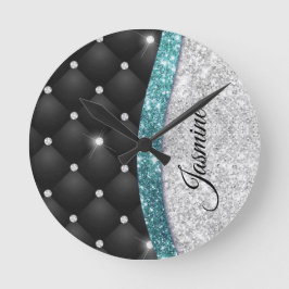 Chic Girl Imitate Silver Glitzer Schwarz aquamarin Runde Wanduhr