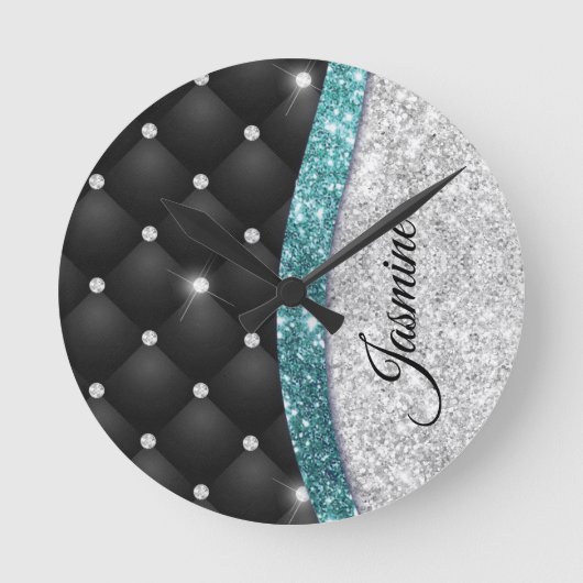 Chic Girl Imitate Silver Glitzer Schwarz aquamarin Runde Wanduhr (Vorderseite)