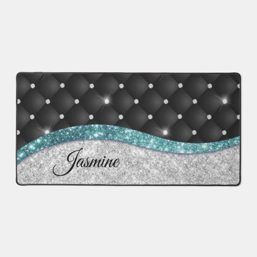 Chic Girl Imitate Silver Glitzer Schwarz aquamarin Schreibtischunterlage (Vorderseite)