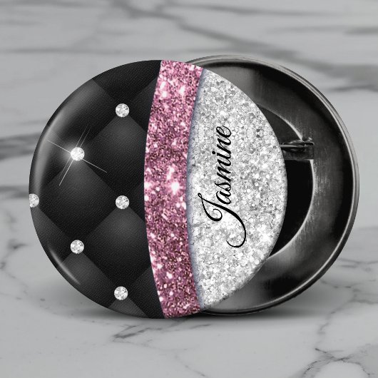 Chic Girl Imitate Silver Glitzer Schwarz Pink Mono Button