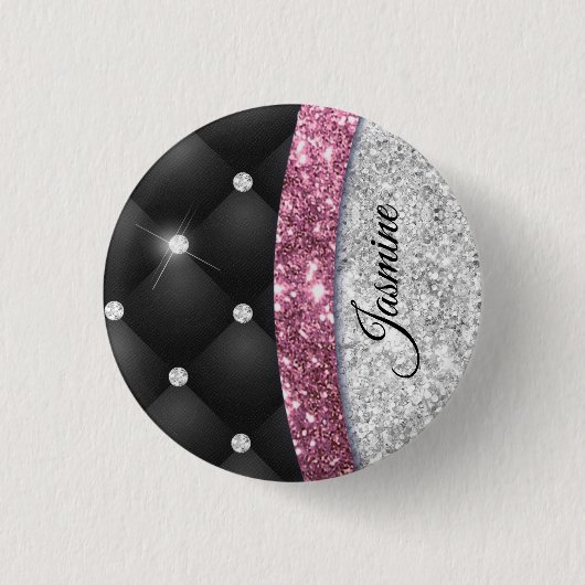 Chic Girl Imitate Silver Glitzer Schwarz Pink Mono Button (Vorderseite)