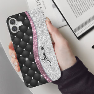 Chic Girl Imitate Silver Glitzer Schwarz Pink Mono iPhone 16 Hülle