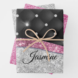 Chic Girl Imitate Silver Glitzer Schwarz Pink Mono Geschenkpapier Set