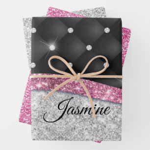Chic Girl Imitate Silver Glitzer Schwarz Pink Mono Geschenkpapier Set