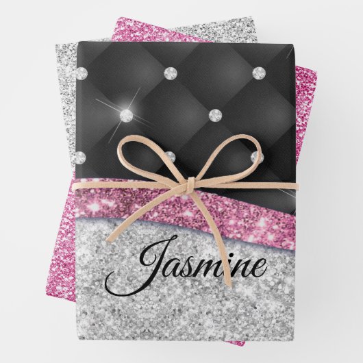 Chic Girl Imitate Silver Glitzer Schwarz Pink Mono Geschenkpapier Set (Beispiel)