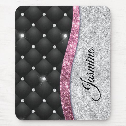 Chic Girl Imitate Silver Glitzer Schwarz Pink Mono Mousepad (Vorne)
