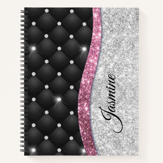 Chic Girl Imitate Silver Glitzer Schwarz Pink Mono Notizblock (Vorderseite)