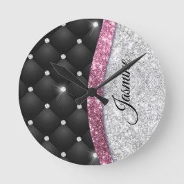 Chic Girl Imitate Silver Glitzer Schwarz Pink Mono Runde Wanduhr