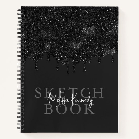 Chic Girly Black Glitzer Tropfens Monogram Sketchb Notizblock (Vorderseite)